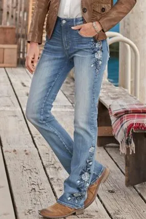 Casual Street Solid Embroidered High Waist Regular Denim Jeans