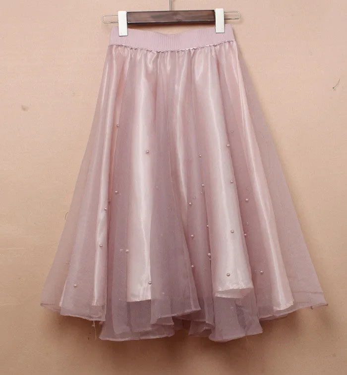 Charming High Waist Pure Color Beads Pleated Skirt