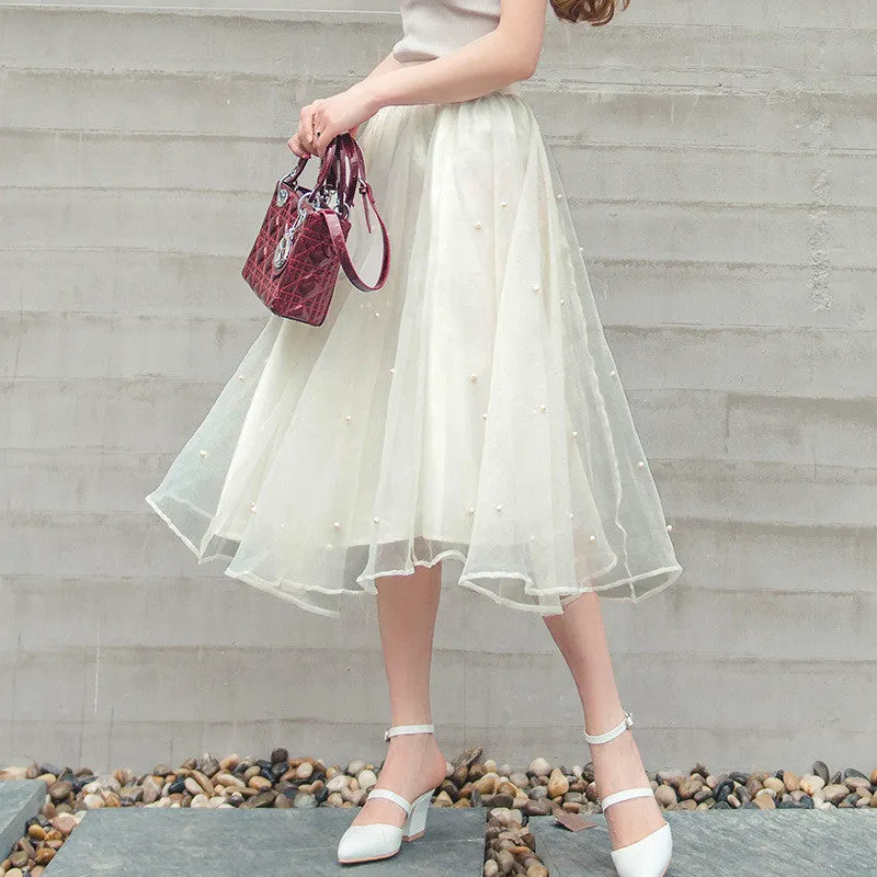 Charming High Waist Pure Color Beads Pleated Skirt