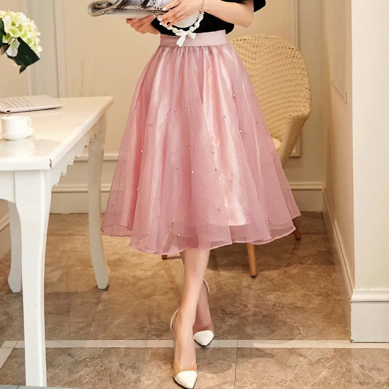 Charming High Waist Pure Color Beads Pleated Skirt