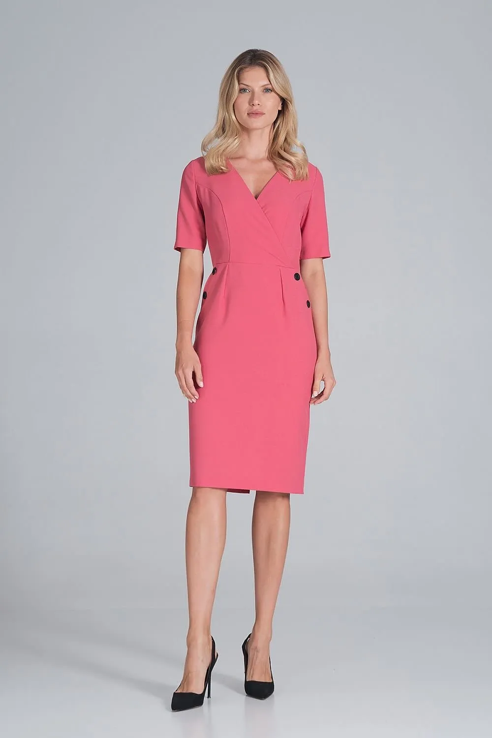 Chic Envelope Neckline Midi Pencil Dress with Stylish Button Accents