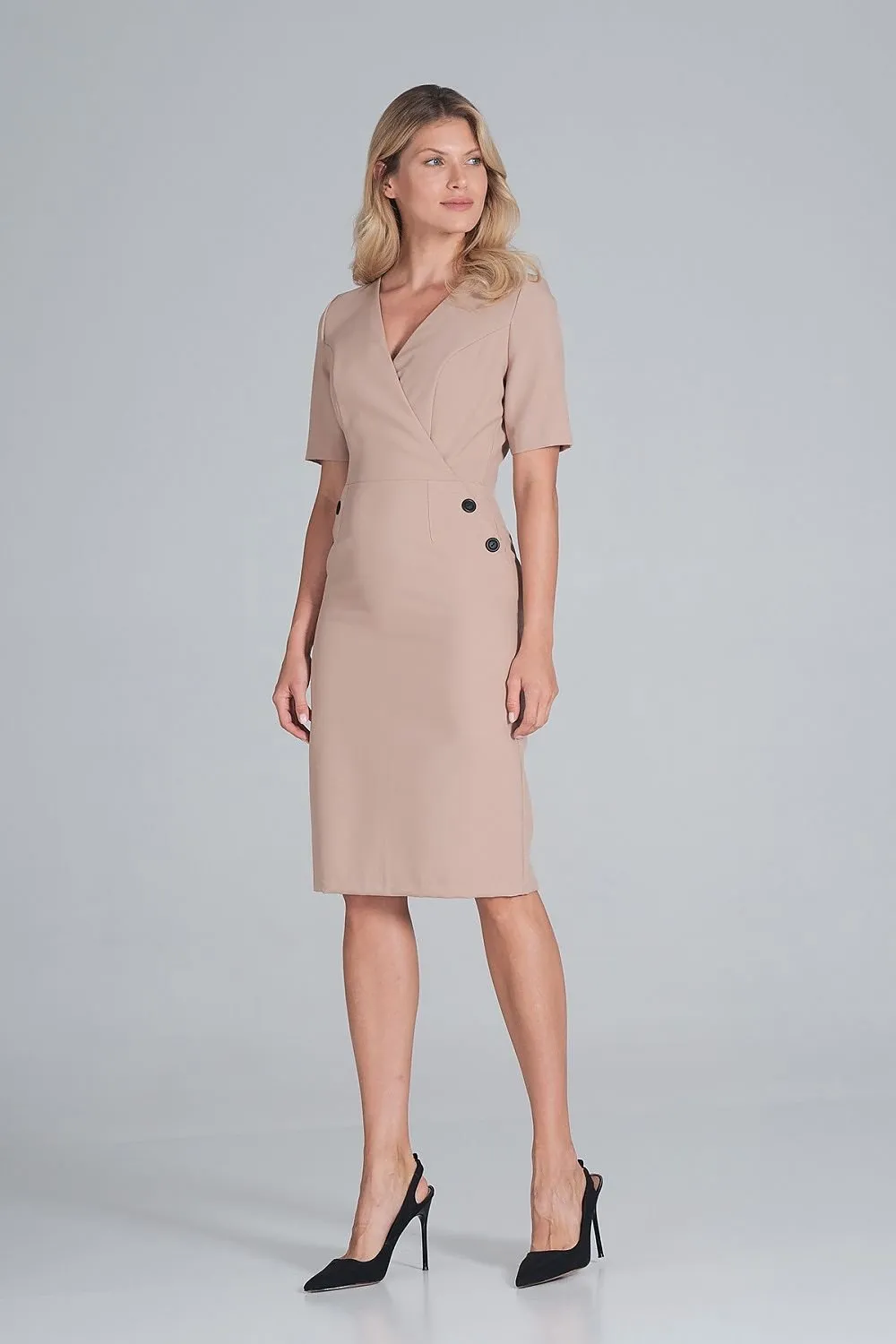 Chic Envelope Neckline Midi Pencil Dress with Stylish Button Accents