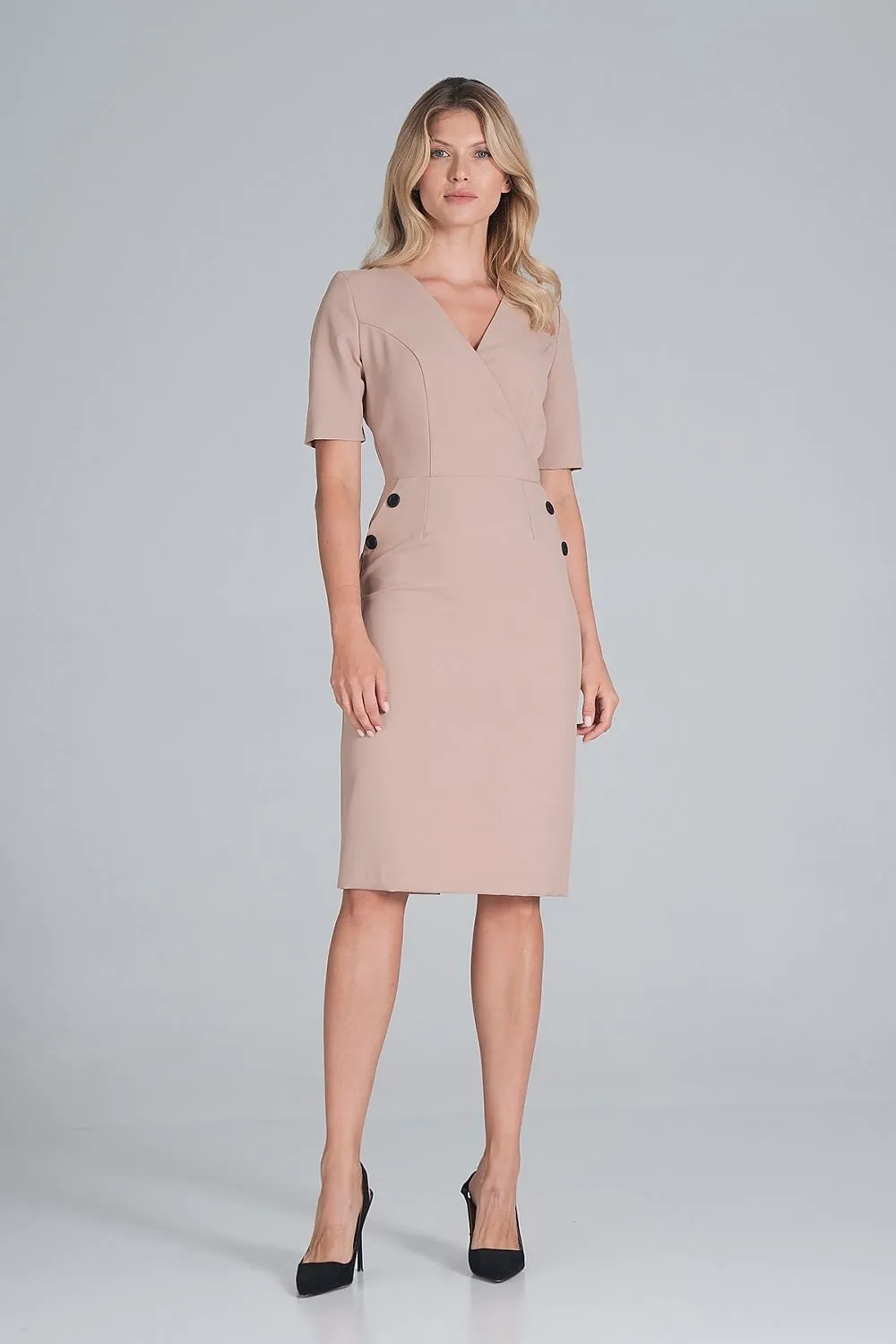 Chic Envelope Neckline Midi Pencil Dress with Stylish Button Accents