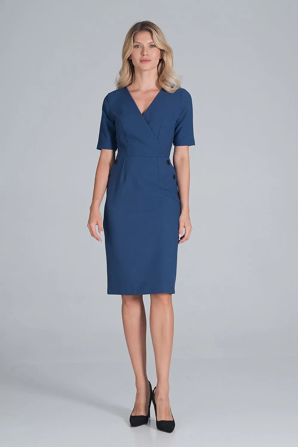 Chic Envelope Neckline Midi Pencil Dress with Stylish Button Accents