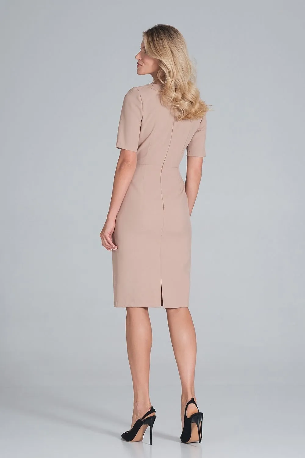 Chic Envelope Neckline Midi Pencil Dress with Stylish Button Accents