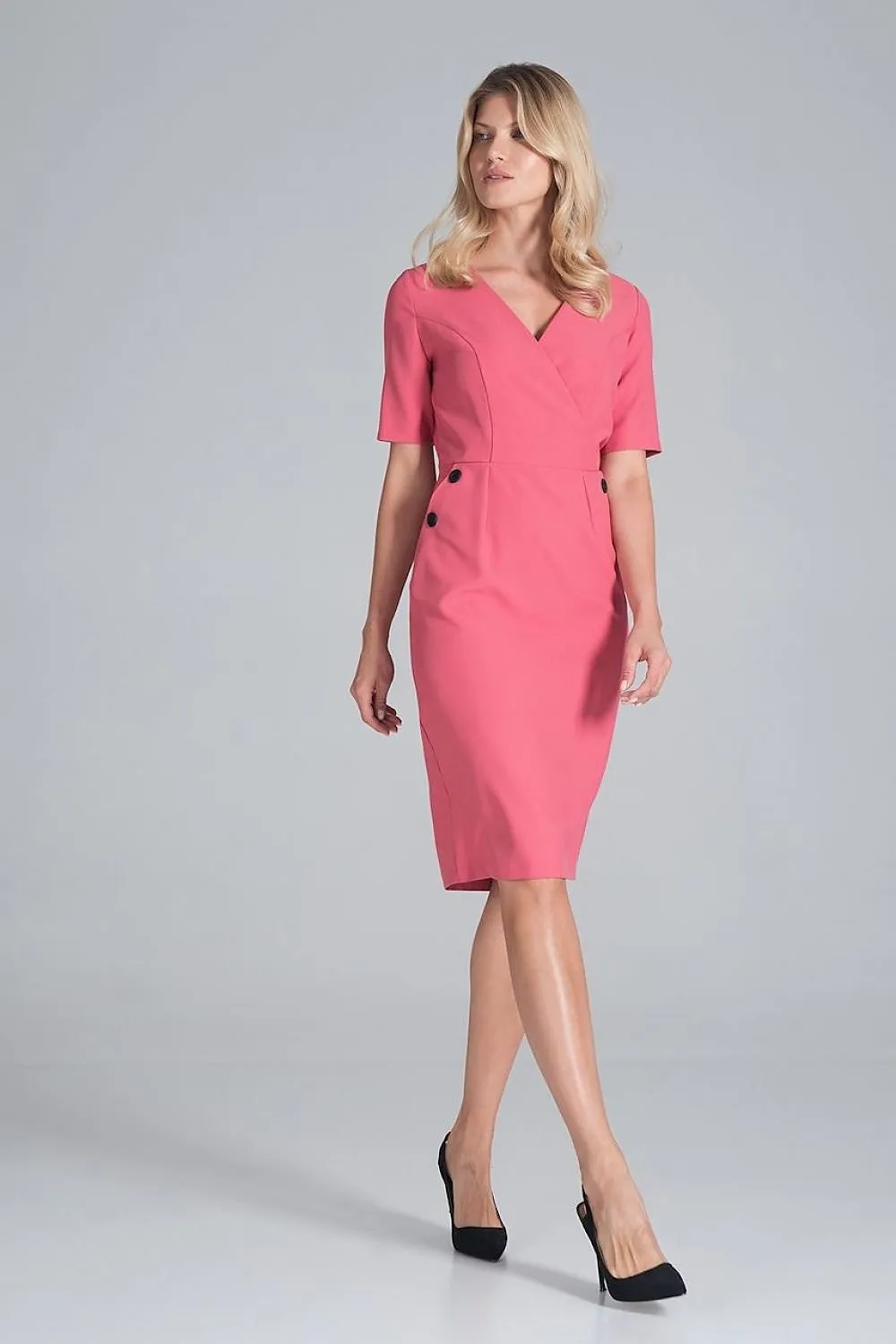 Chic Envelope Neckline Midi Pencil Dress with Stylish Button Accents