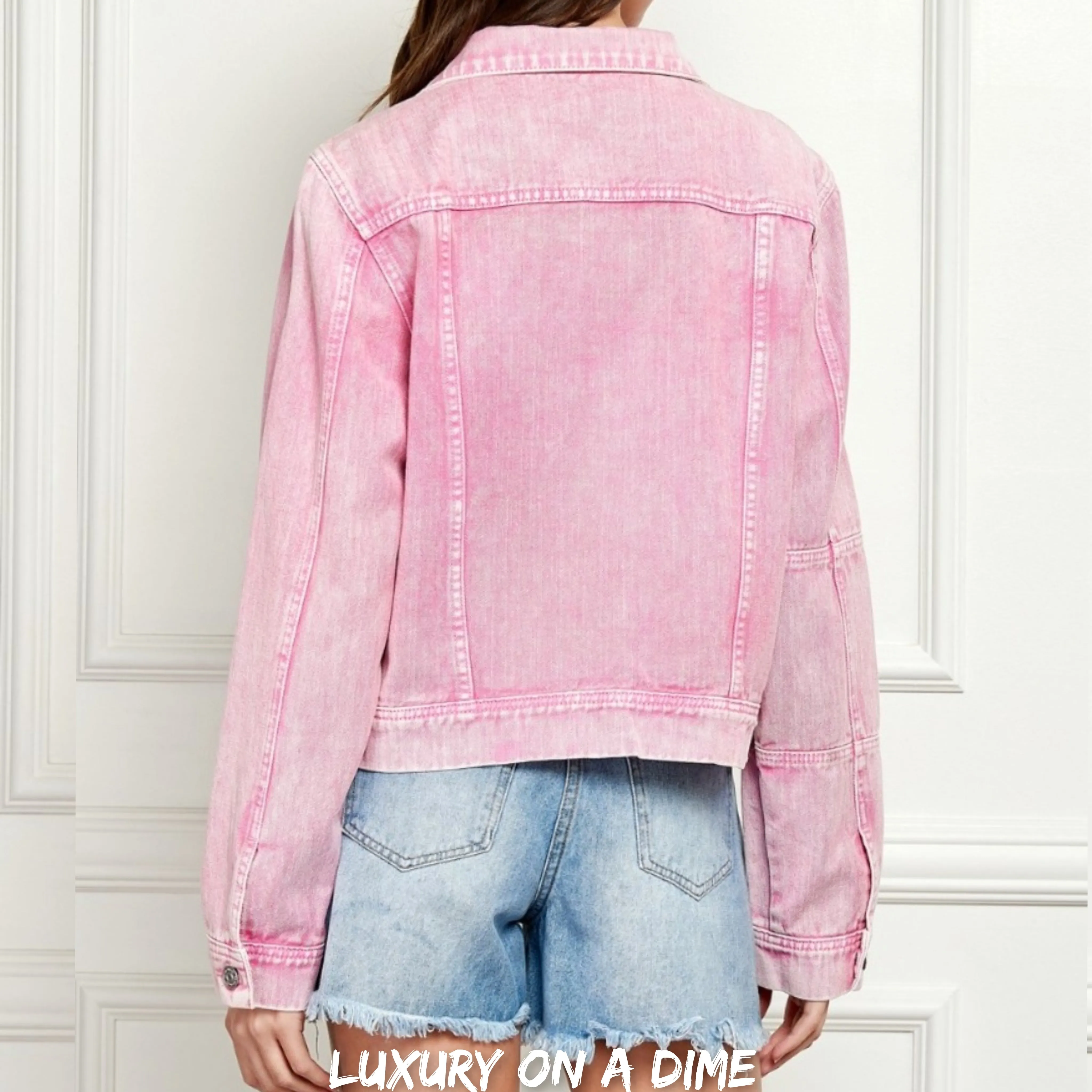 Classic Cropped Faded Pink Jean Denim Jacket Button Up Cotton Veveret