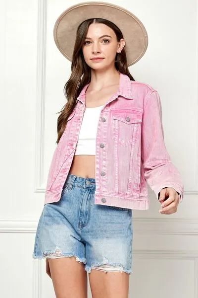 Classic Cropped Faded Pink Jean Denim Jacket Button Up Cotton Veveret