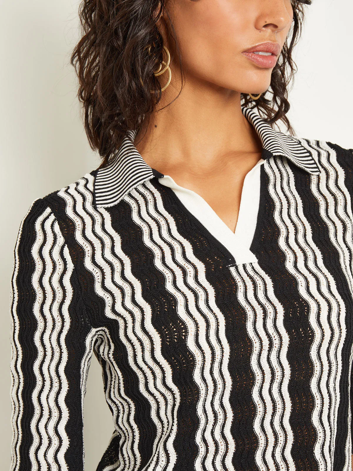 Collared V-Neck Tunic - Pointelle Intarsia Knit