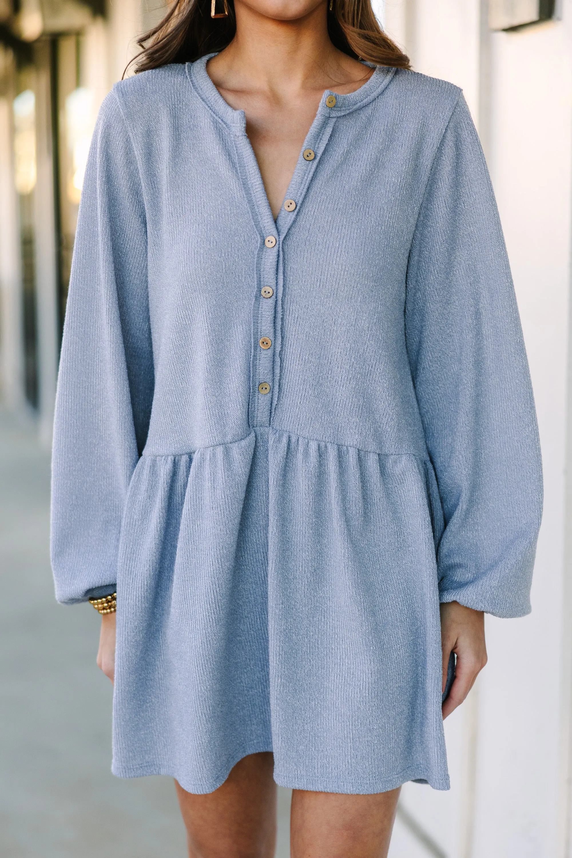 Coming Home Dusty Blue Bubble Sleeve Dress