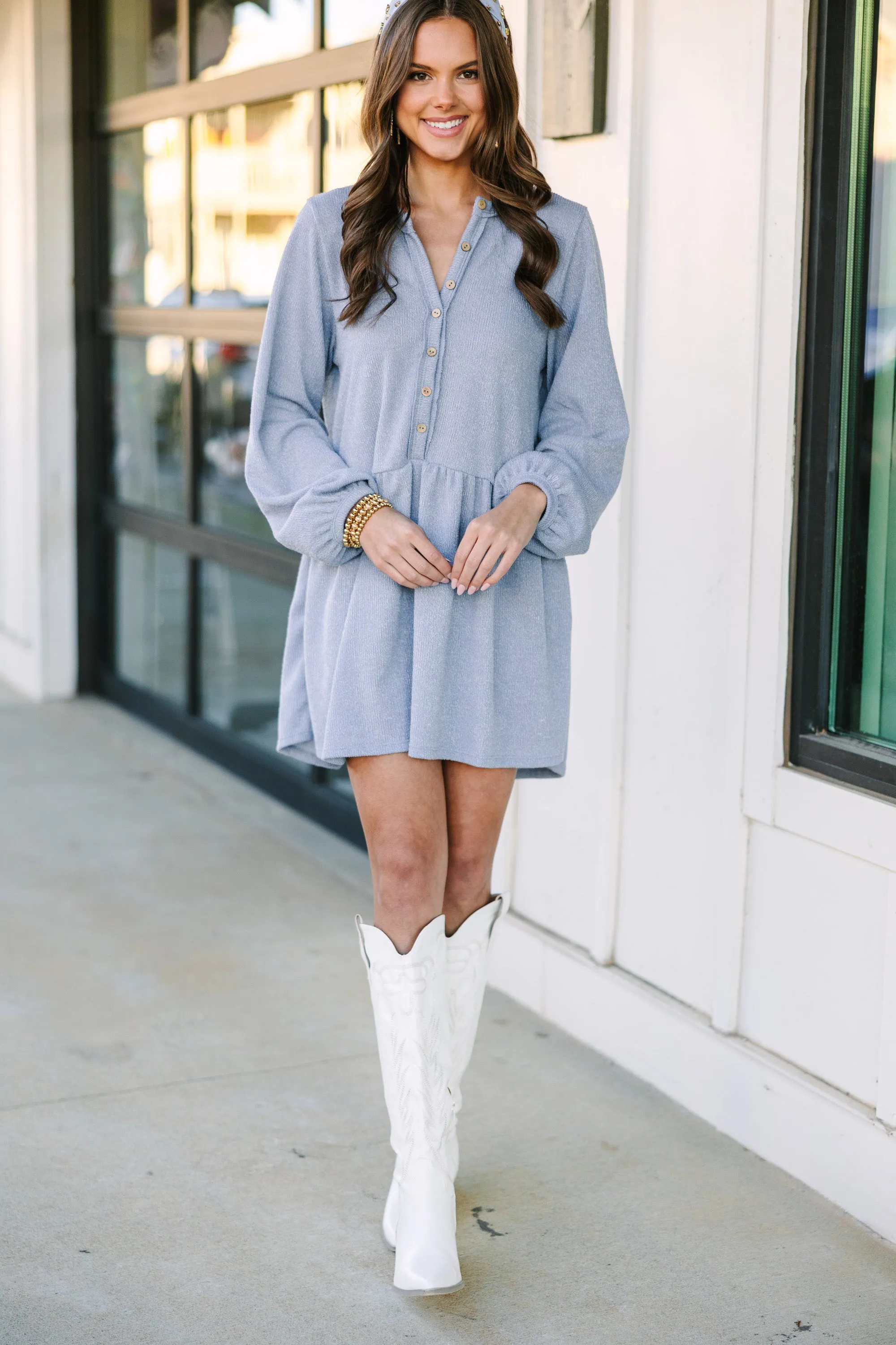 Coming Home Dusty Blue Bubble Sleeve Dress