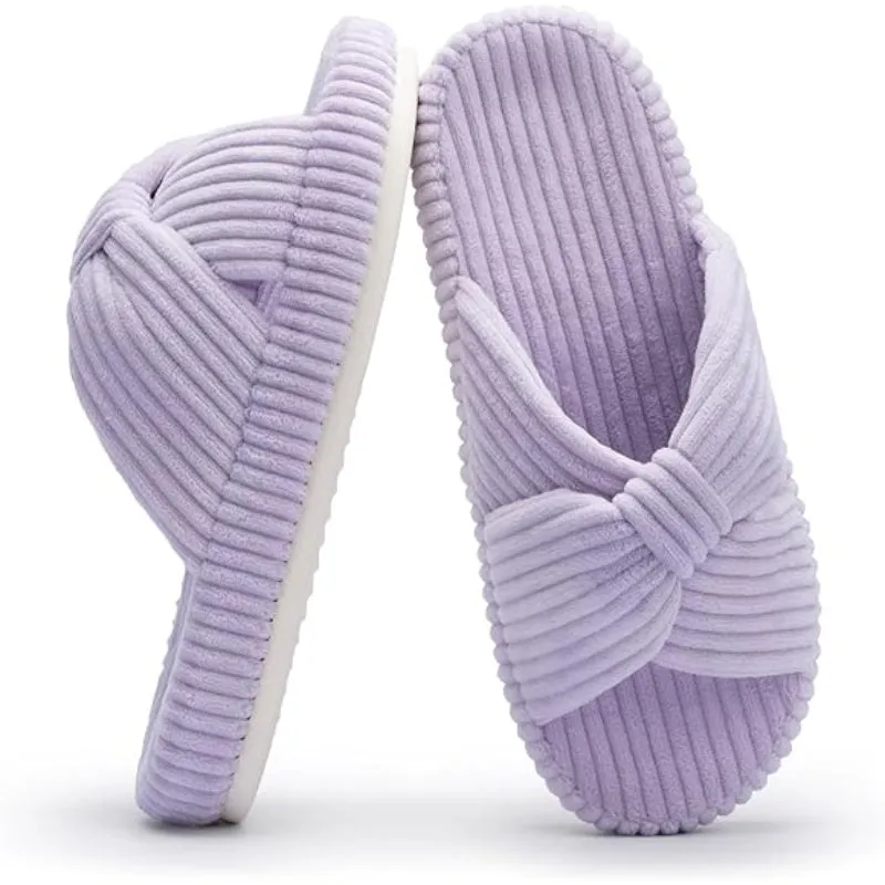 Corduroy Bow Crossband Comfy Slip On Slippers