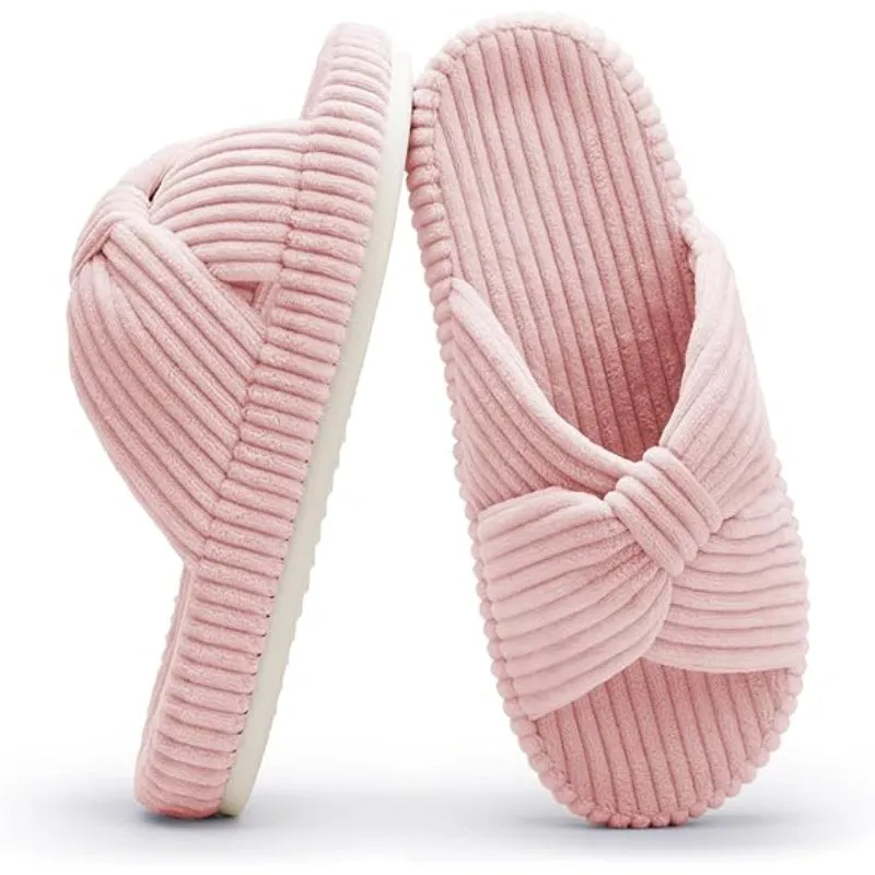 Corduroy Bow Crossband Comfy Slip On Slippers