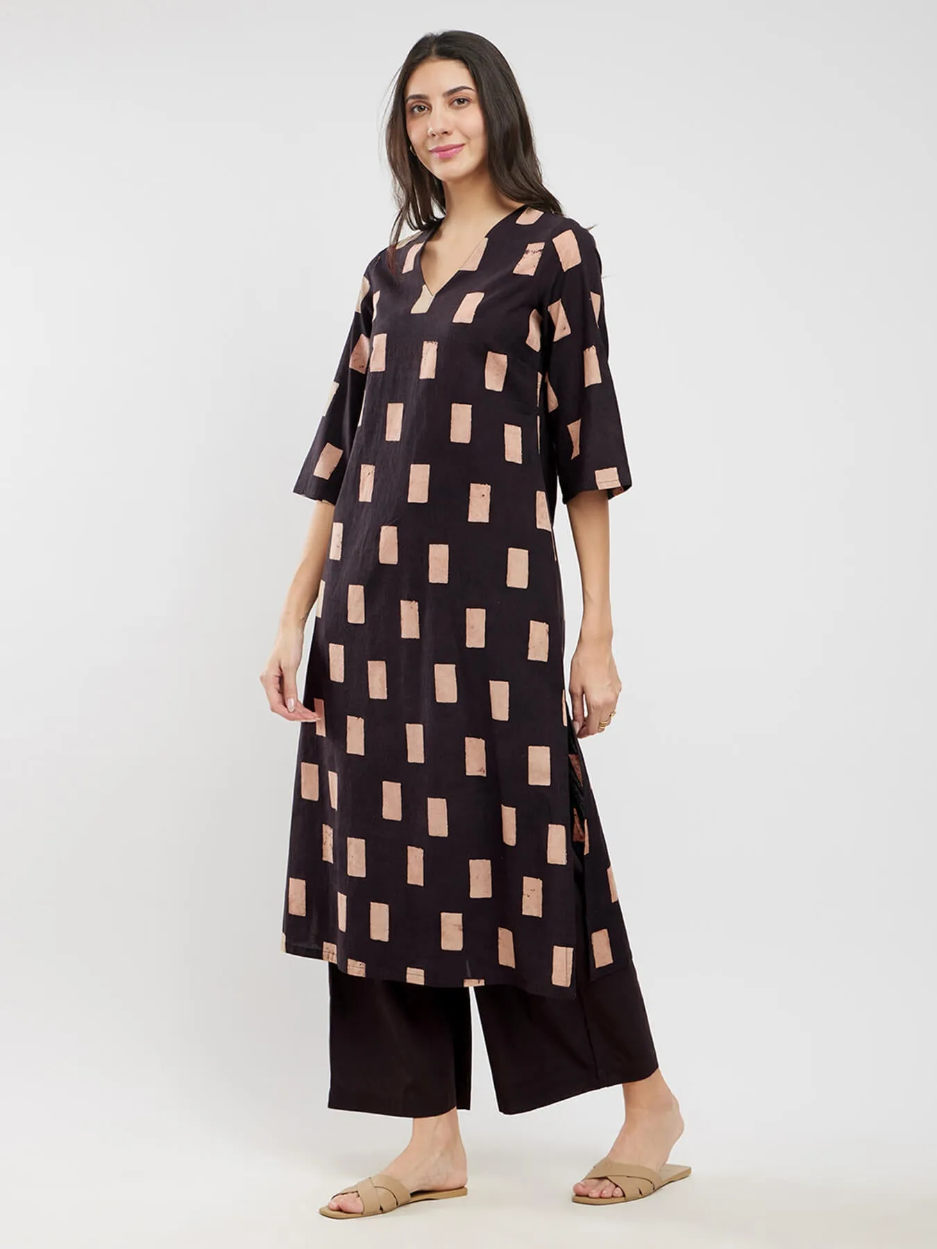 Cotton Ajrakh Geometric Print Kurta Set - Black