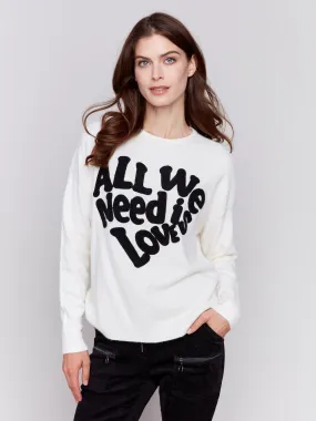 Crew Neck Sweater with Love Embroidery - Ecru