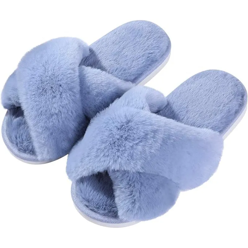 Cross Band Fuzzy Memory Foam Slides