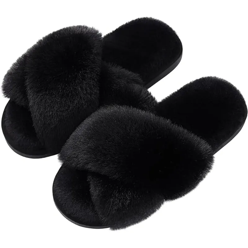 Cross Band Fuzzy Memory Foam Slides