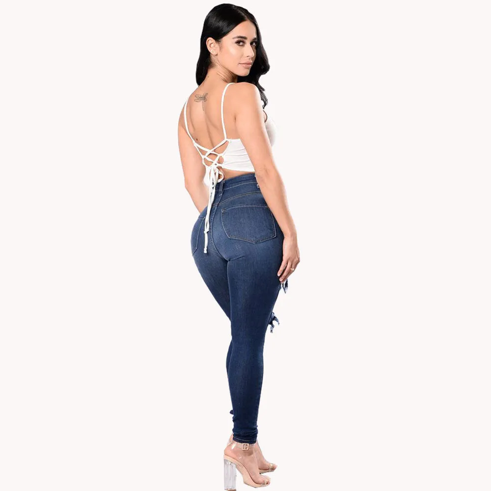 Cut Out Ruffles Holes Packets High Waist Slim Long Denim Jeans Pants