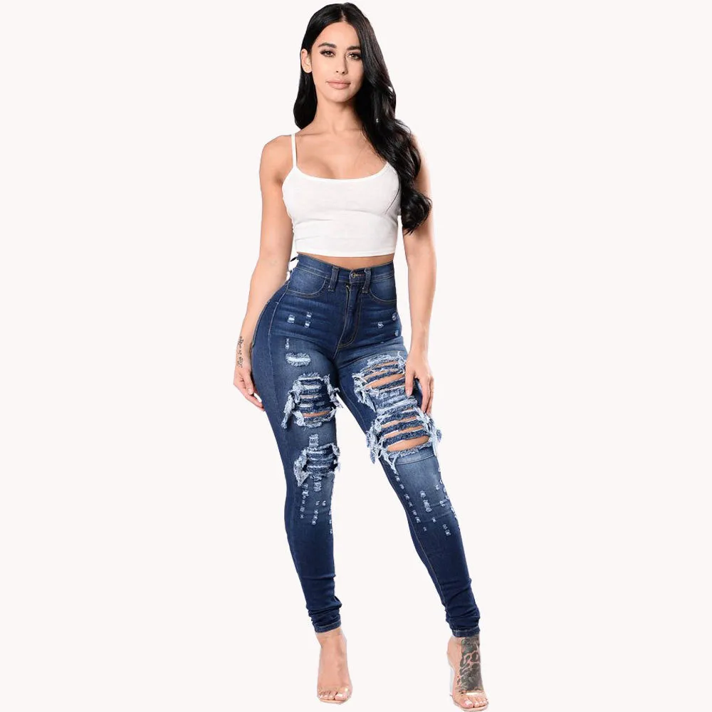 Cut Out Ruffles Holes Packets High Waist Slim Long Denim Jeans Pants