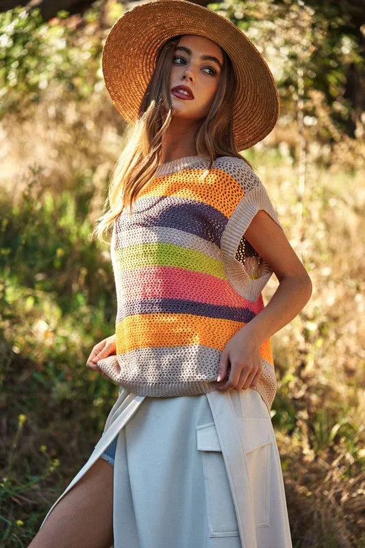 Davi & Dani Crochet Multi Striped Pullover Knit Sweater Vest