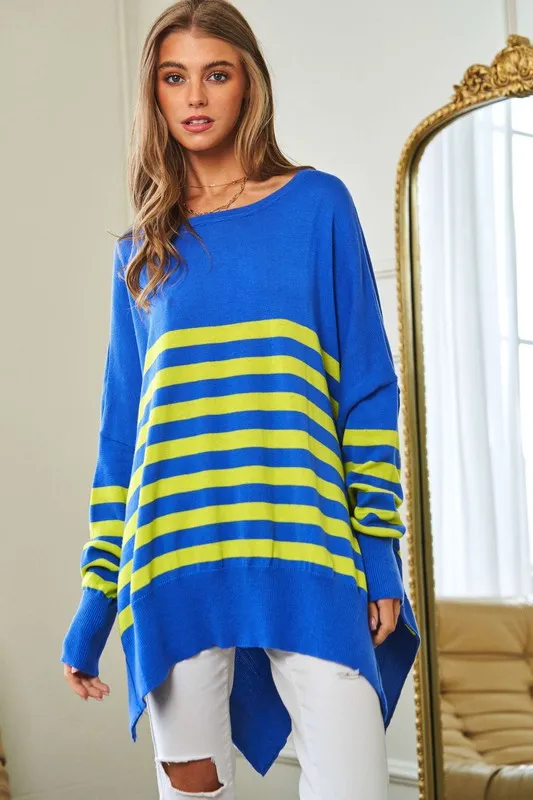 Davi & Dani Multi Striped Elbow Patch Loose Fit Sweater Top