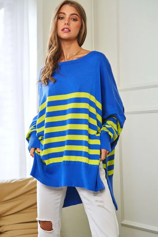 Davi & Dani Multi Striped Elbow Patch Loose Fit Sweater Top