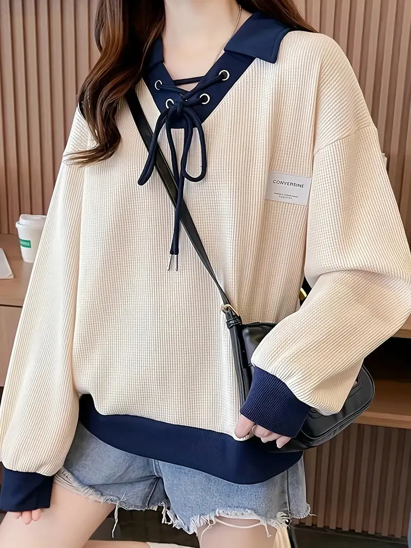 Drawstring Color Block Lapel Pullover Sweatshirt