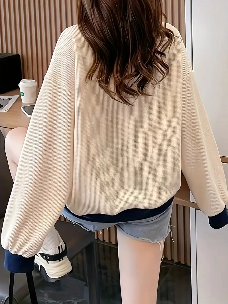 Drawstring Color Block Lapel Pullover Sweatshirt