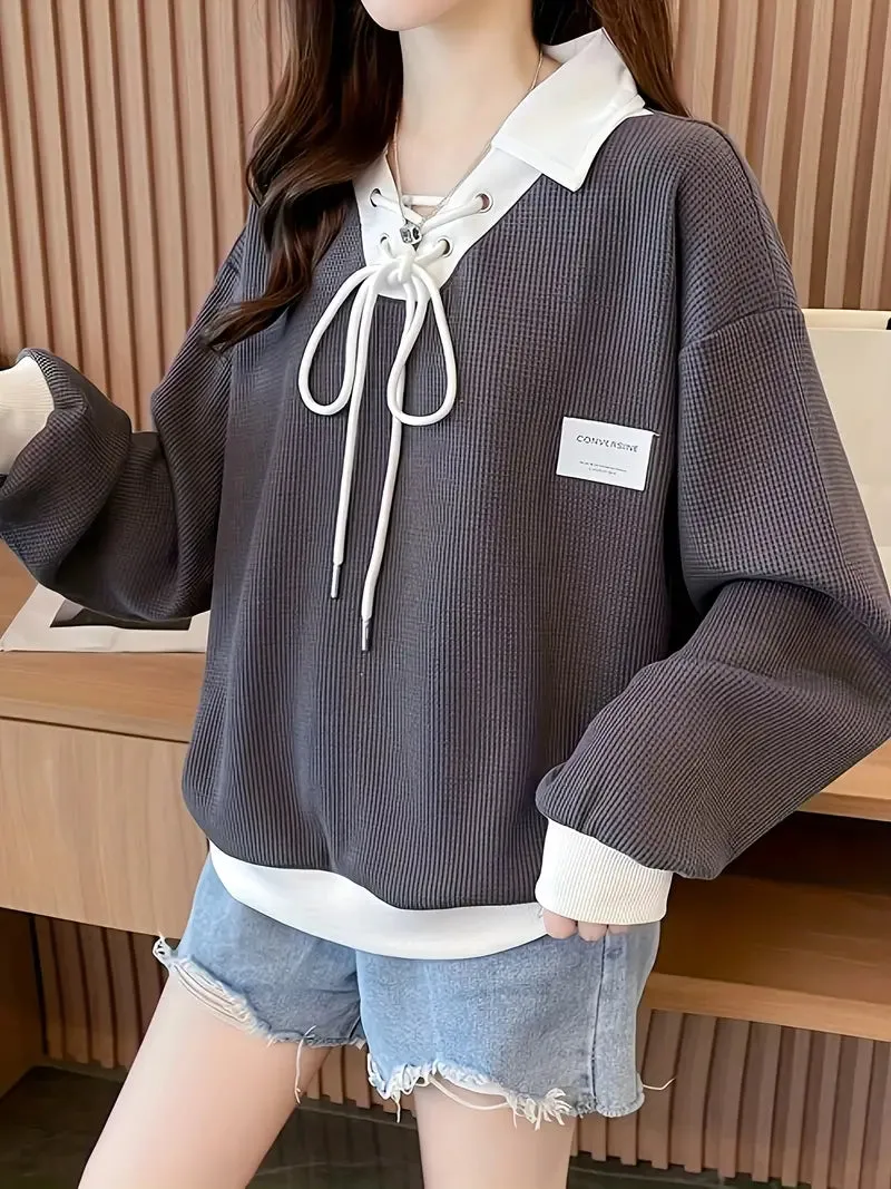 Drawstring Color Block Lapel Pullover Sweatshirt