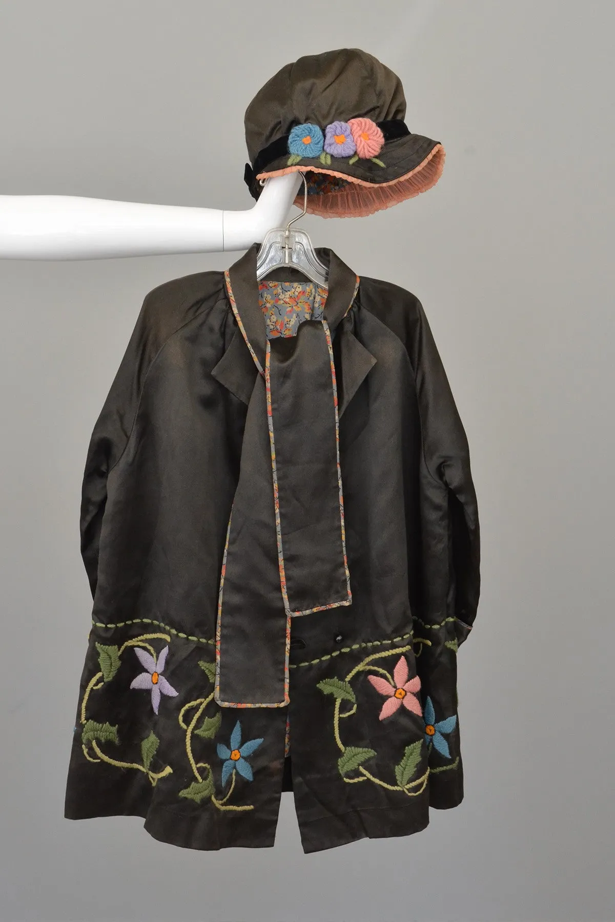 Embroidered Charcoal Satin Child's Flapper Coat and Cap