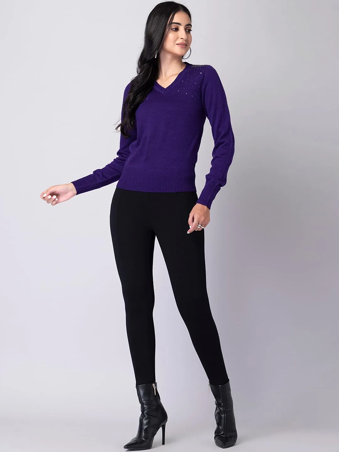 FabAlley Women's Acrylic V-Neck Sweater (SWT00398_Purple_M)