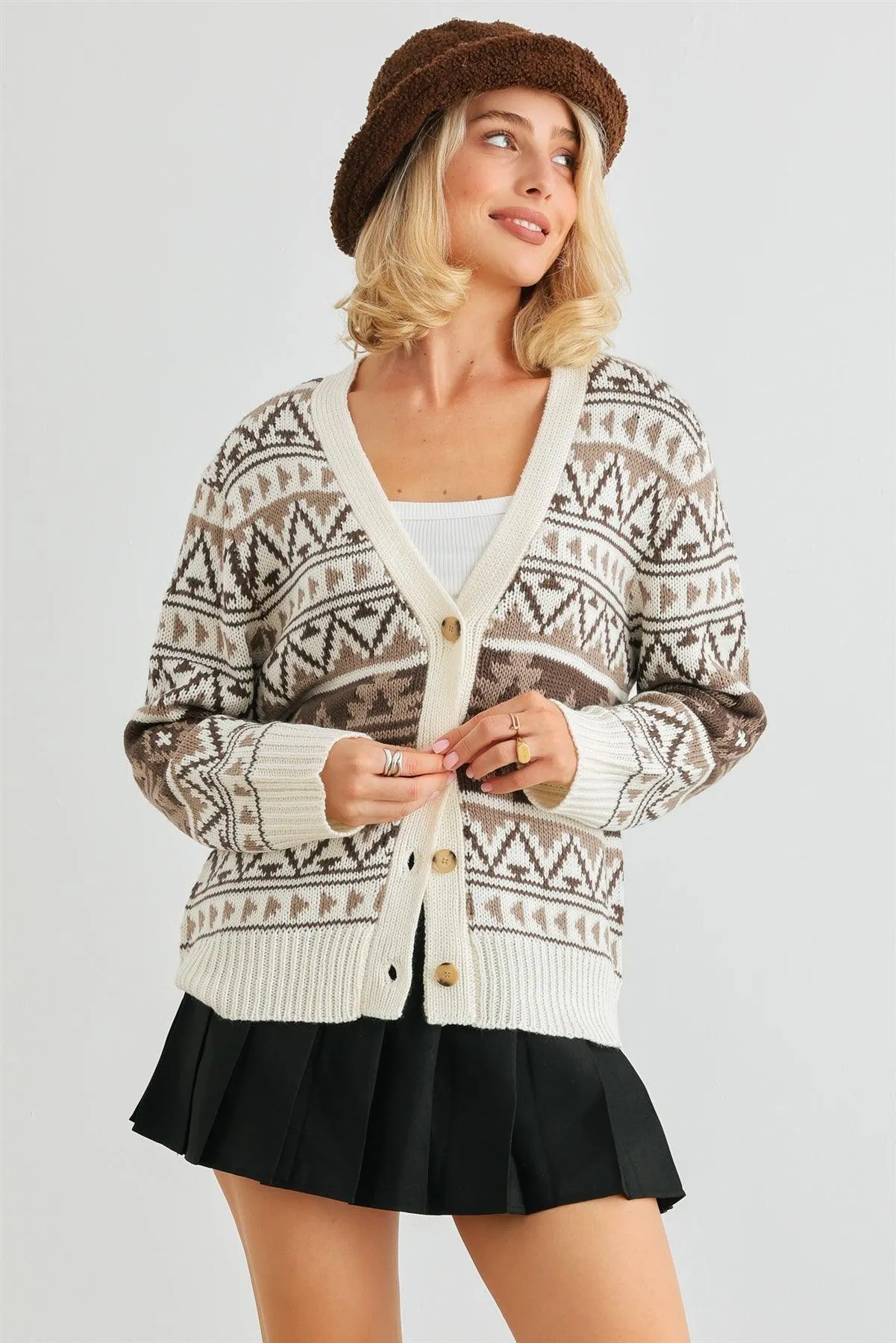 Fair Isle Knit Button-Up Long Sleeve Sweater Cardigan /2-2-2