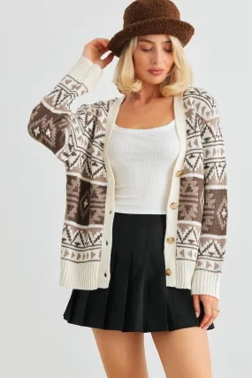 Fair Isle Knit Button-Up Long Sleeve Sweater Cardigan /2-2-2