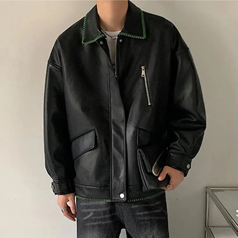 Fashion Men's Casual Jackets Turn-down Collar PU Leather Zipper Design Contrast Color Male Loose Coats Autumn 9C6660