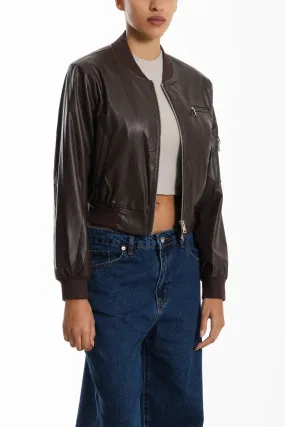 FAUX LEATHER CROPPED BOMBER JACKET