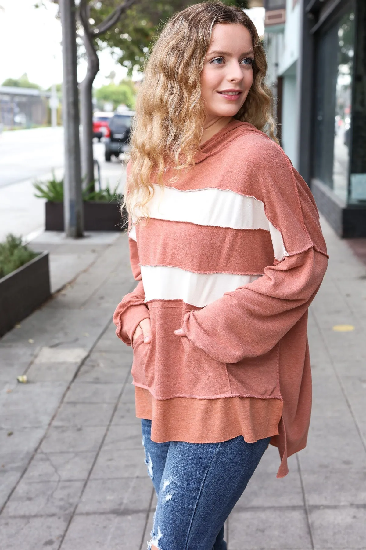 Feeling Playful Rust Stripe Color Block French Terry Hoodie