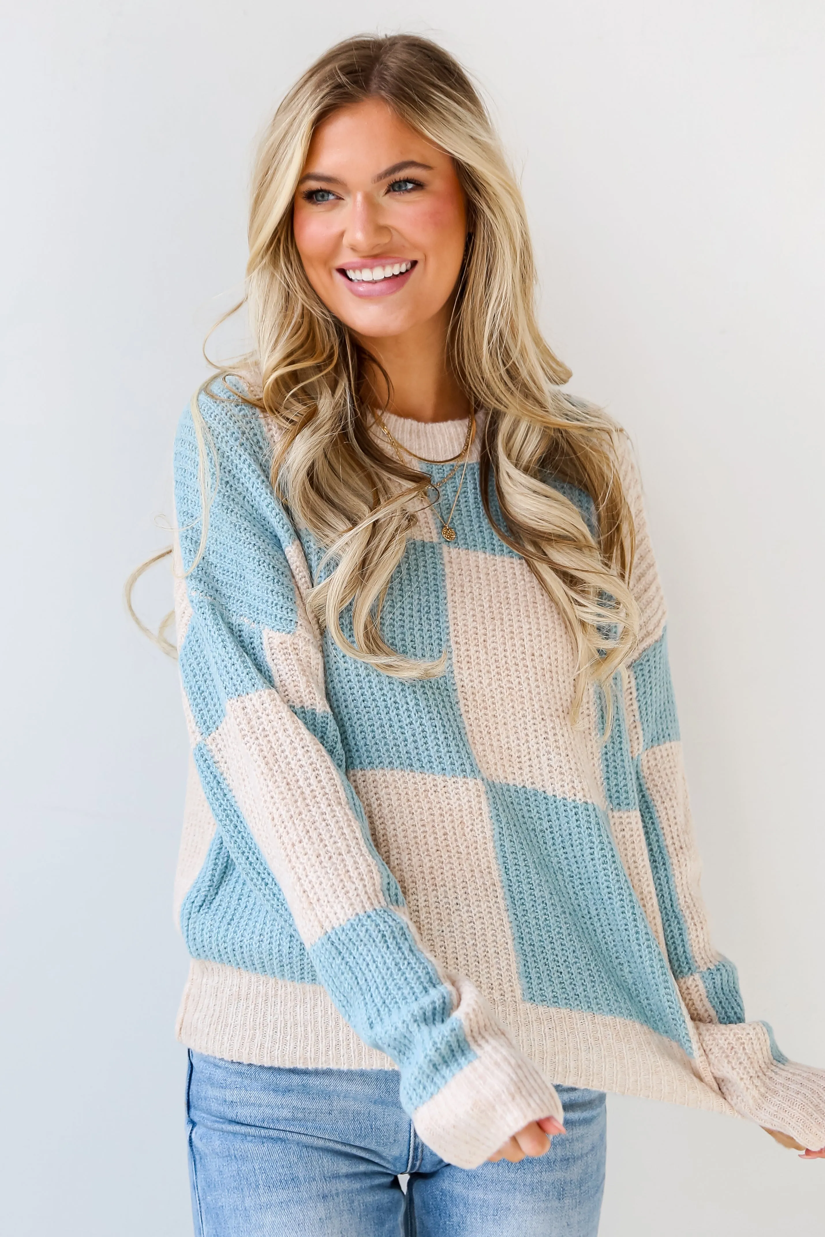 FINAL SALE - Cuddly Darling Light Blue Checkered Sweater