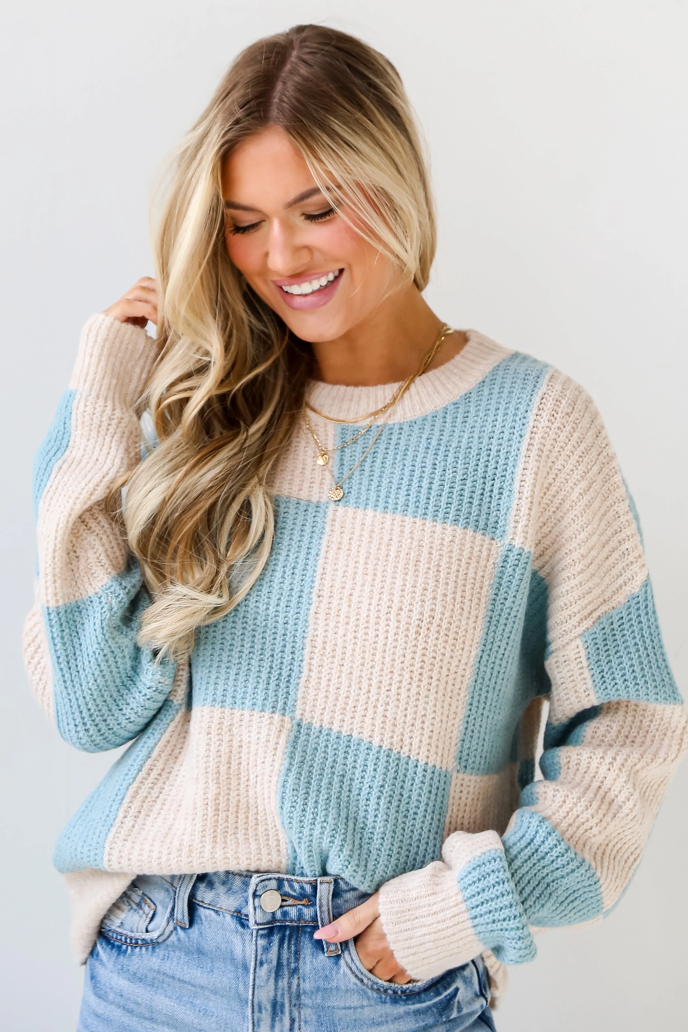 FINAL SALE - Cuddly Darling Light Blue Checkered Sweater