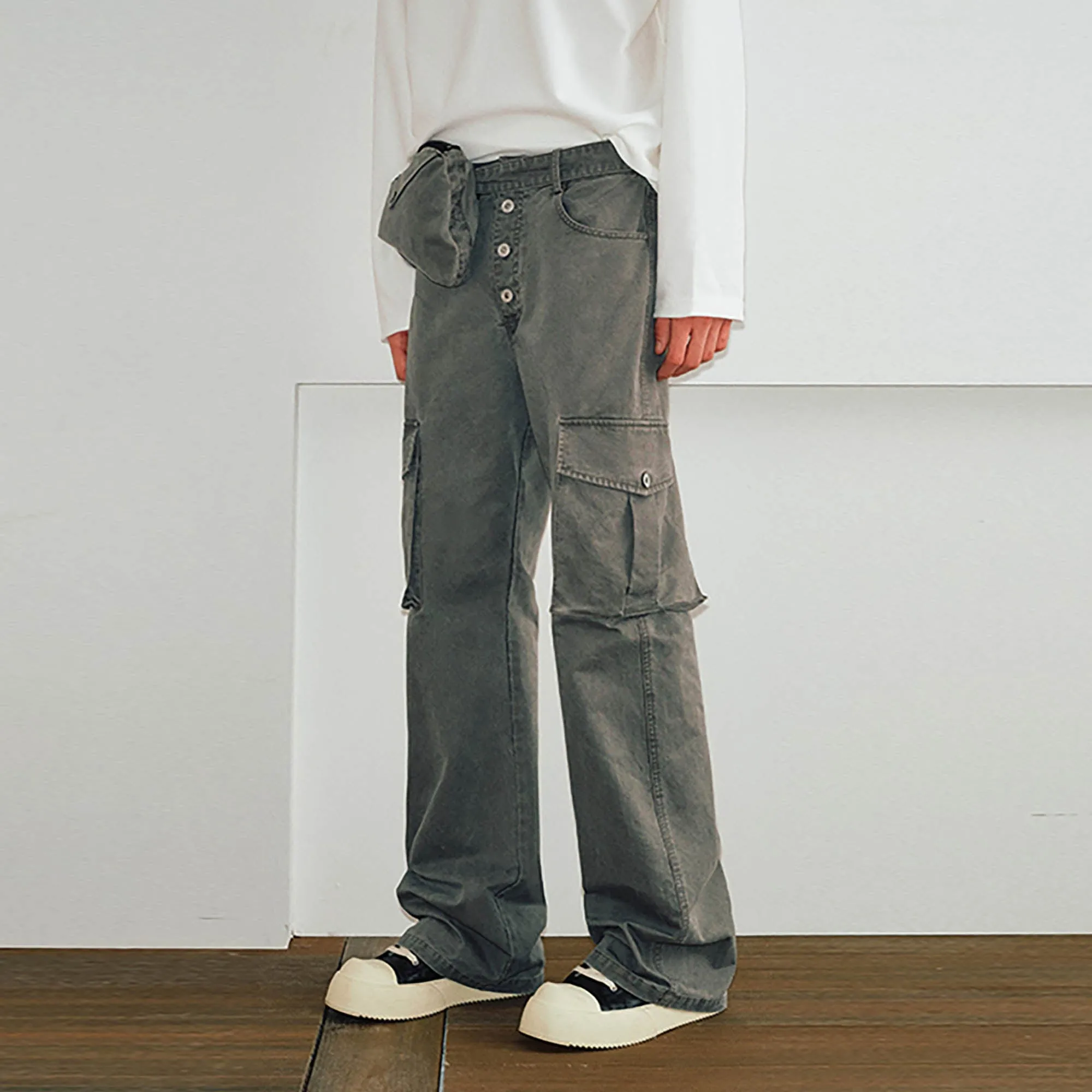 Flared Cargo Pants with Detachable Waist-Bag