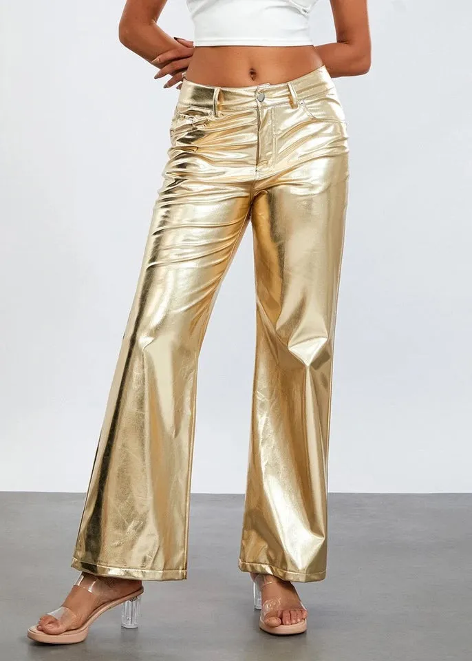 Flared Legs Gold Metallic Pants