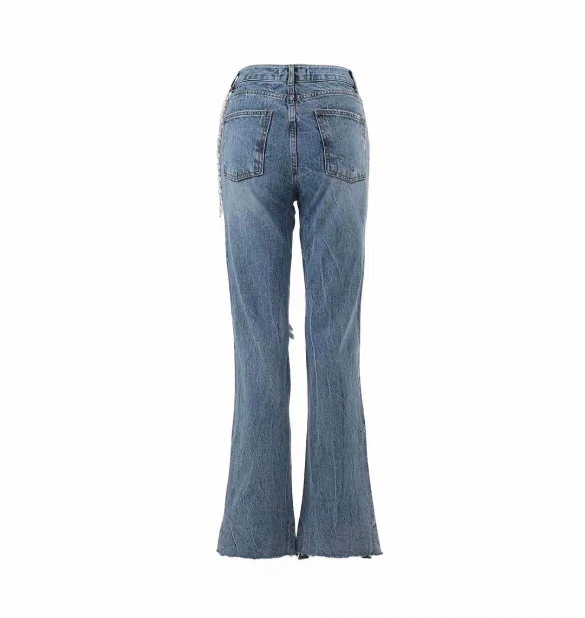 Flared Ripped Silver Chain Long Jeans