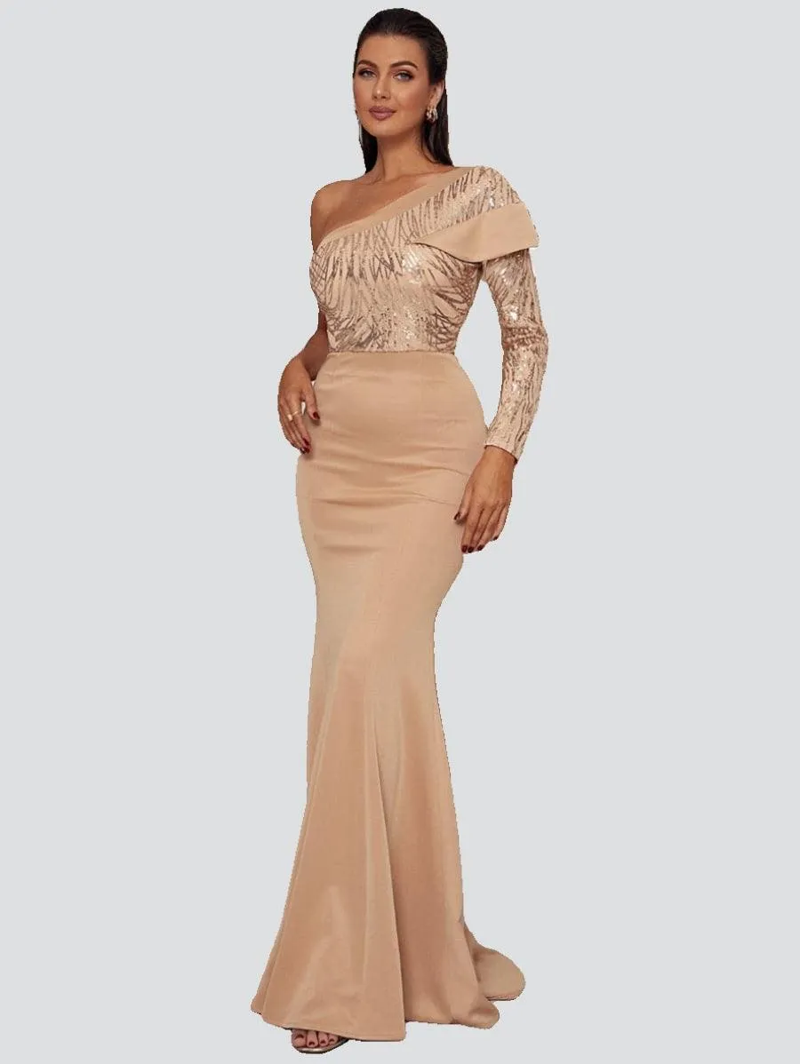 Formal One Shoulder Knit Apricot Dress XJ1548