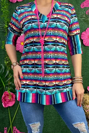 GJQ12242 Multi color Aztec & serape printed tunic top CS8