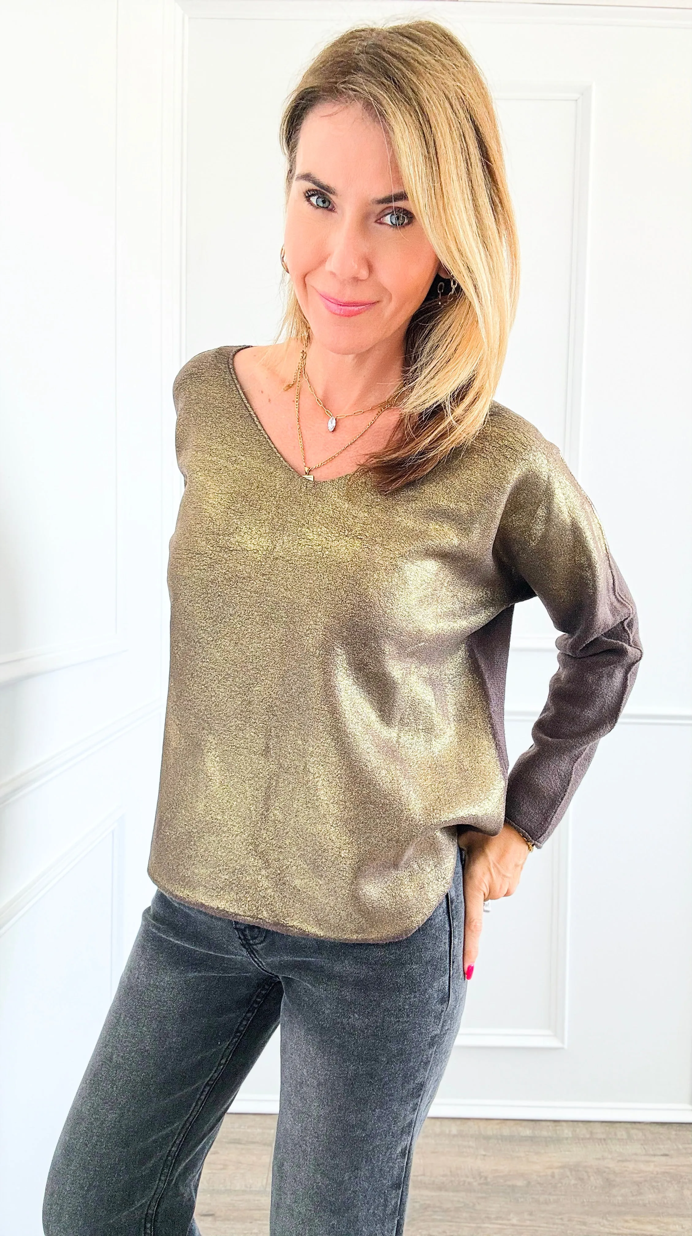 Gold Shine V-Neck Italian Pullover- Brown