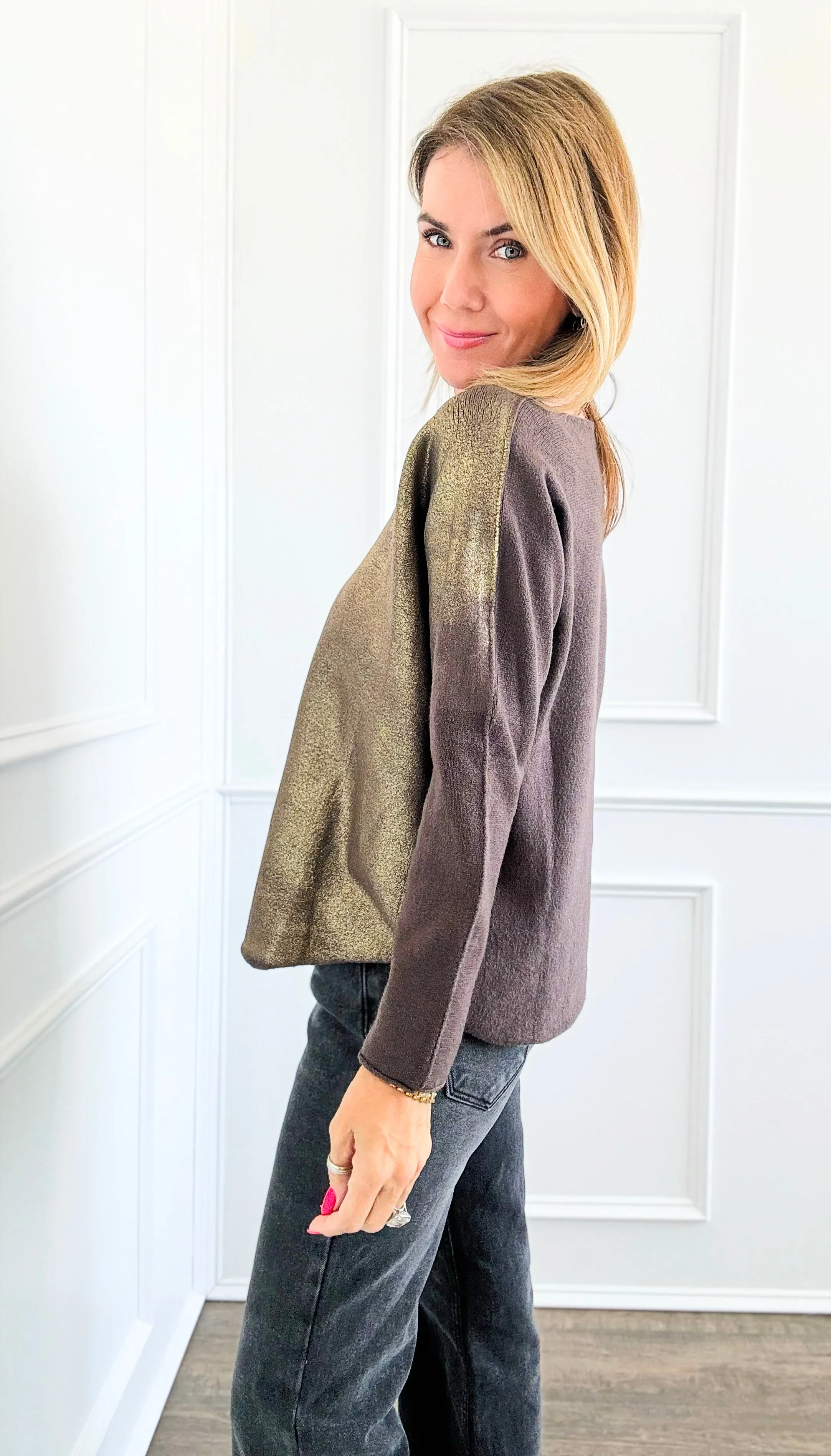 Gold Shine V-Neck Italian Pullover- Brown