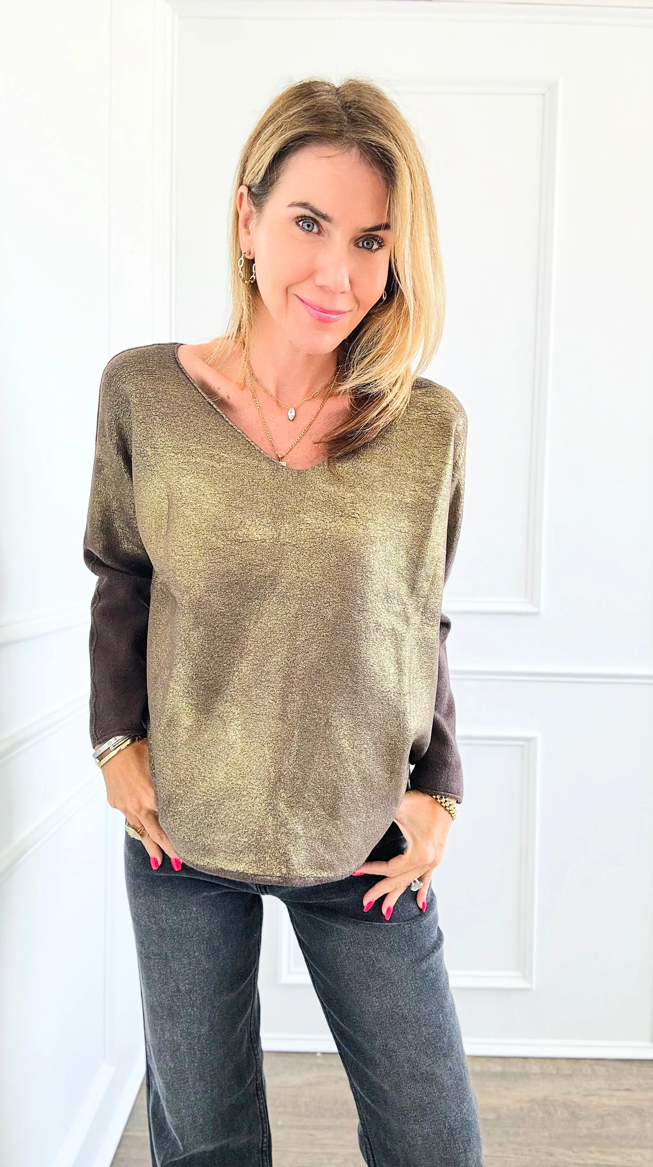 Gold Shine V-Neck Italian Pullover- Brown