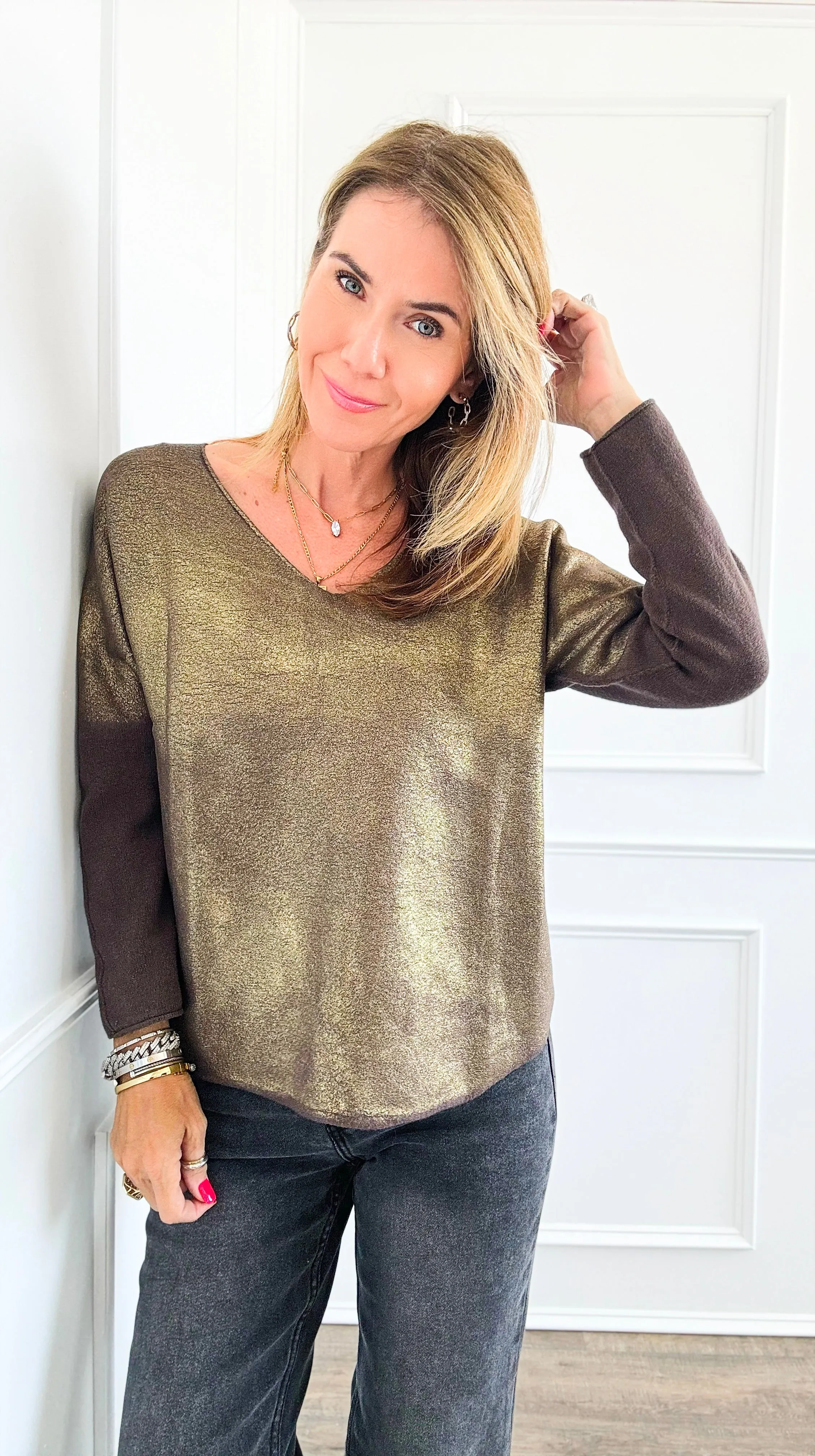 Gold Shine V-Neck Italian Pullover- Brown