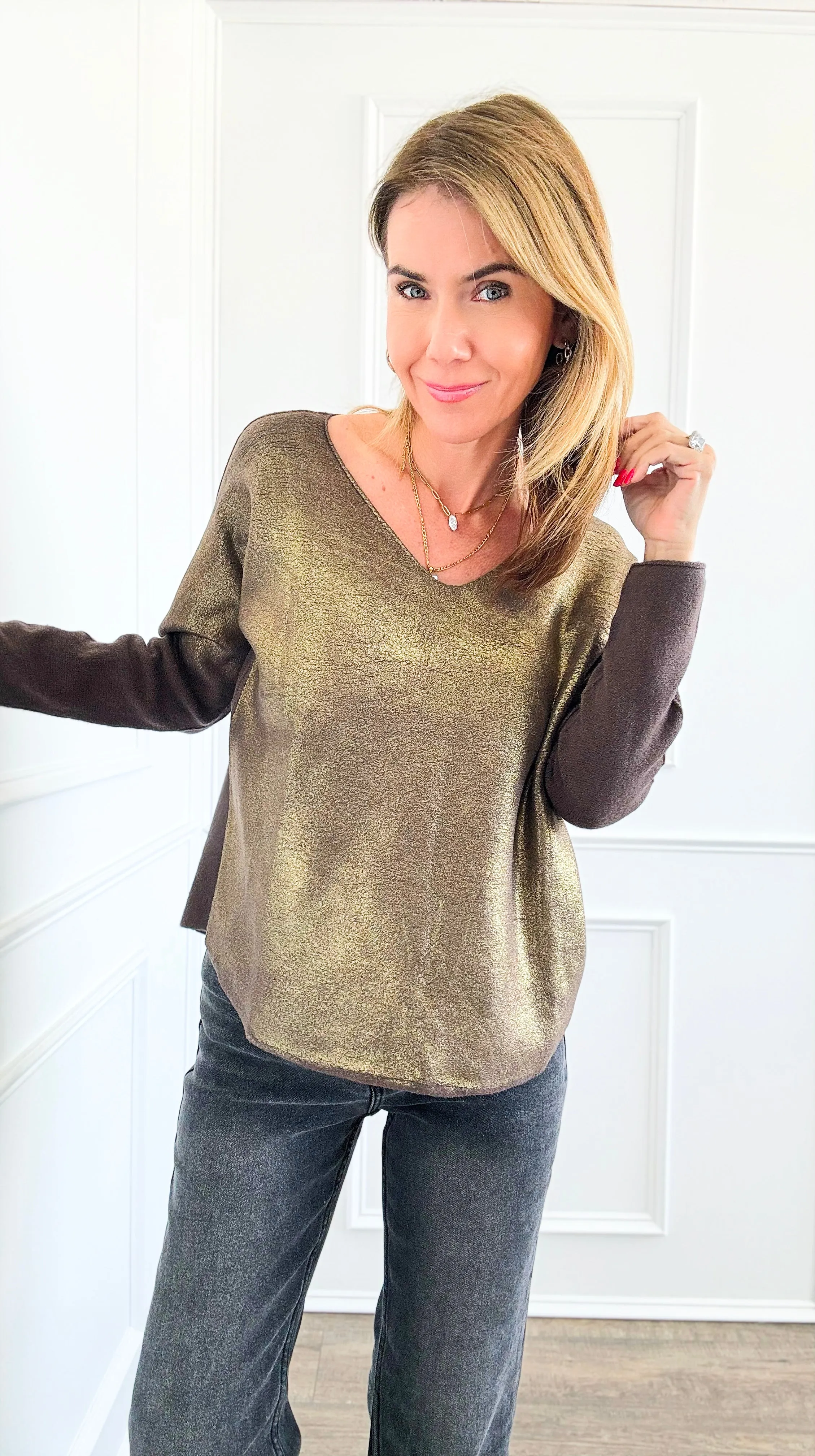 Gold Shine V-Neck Italian Pullover- Brown