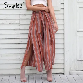 High split stripe wide leg pants women Summer beach high waist trousers Chic streetwear sash casual pants capris female