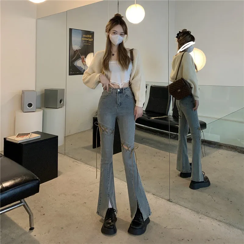 High Waist Brown Lace Wide Leg Trouser Pants Denim Jeans